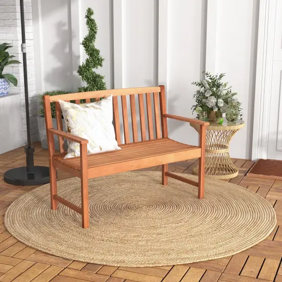 2-seat Patio Wood Bench with Cozy Armrests and Slatted Backrest {2}
