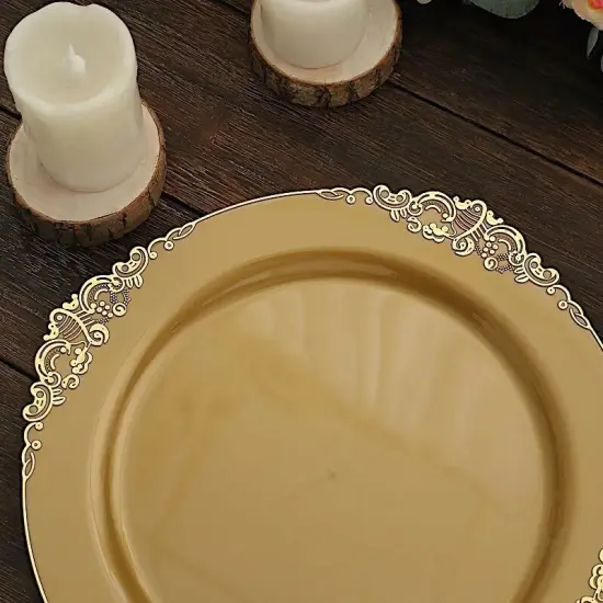 10 GOLD 10" Round Plastic Salad Dinner PLATES Embossed Baroque {2}