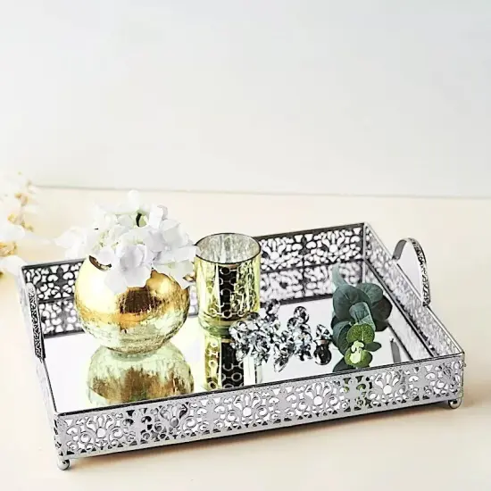 16" tall SILVER Metal Rectangular Rim Mirror Serving Tray Party {3}