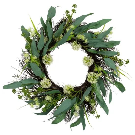 Northlight Eucalyptus and Sweet Gum Flowers Twig Spring Wreath - 24" - Green and White {1}
