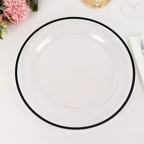 CLEAR 10 Round 10" PLASTIC Dinner PLATES Black Rim {5}