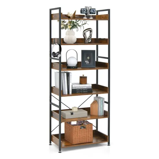 6-tier Tall Industrial Bookcase With Open Shelves And 4 Hooks {4}