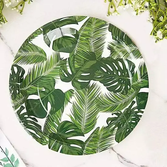 25 WHITE 9" Round Paper Plates with TROPICAL Leaves Design {3}