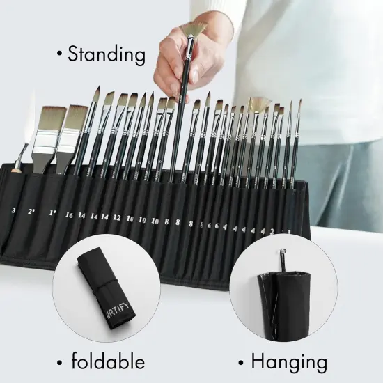 ARTIFY 24 Pieces Paint Brush Set, Expert Series, Enhanced Synthetic Brush Set with Cloth Roll and Palette Knife for Acrylic, Oil, Watercolor and Gouache (Black) {5}