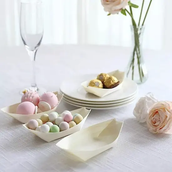 NATURAL 50 Biodegradable 6" Wooden Boat Shaped Food SERVING TRAYS {2}