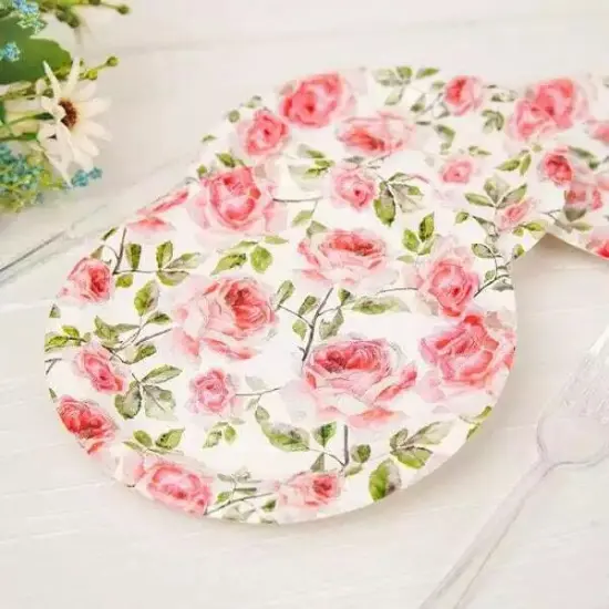 25 WHITE 7" Round Paper Plates with PINK Rose Flowers Design {2}