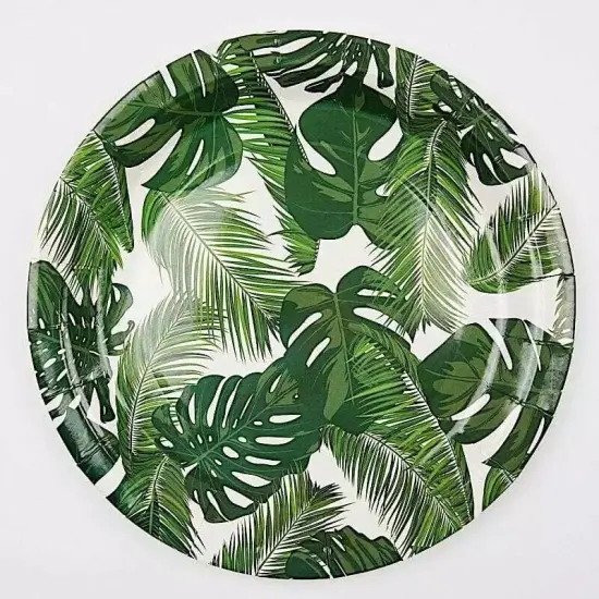 25 WHITE 9" Round Paper Plates with TROPICAL Leaves Design {5}