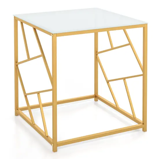 Square End Table With Tempered Glass Tabletop And Gold Finish Geometric Frame-golden {4}