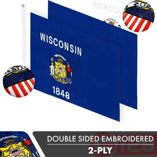 Wisconsin State Flag 210D Embroidered Polyester 3x5 Ft - Double Sided 2ply {2}