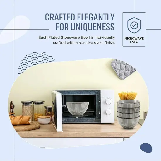 American Atelier Fluted Cereal Bowls Set of 4, Stoneware Soup Bowls, Gray {3}