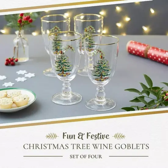 Spode Christmas Tree 16 Ounces Pedestal Goblets with Gold Rims, Set of 4 {4}
