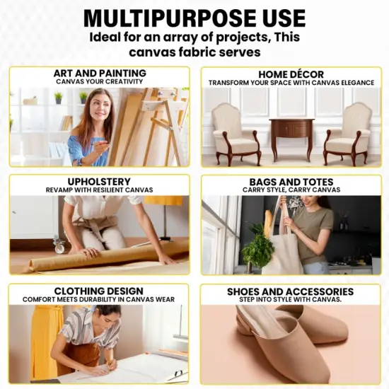 FabricLA Canvas Fabric Roll - 7oz Weight - 62" Wide Cotton Canvas Fabric by the Yard | Premium Duck Cloth for Painting, Upholstery, & Crafts | Natural {3}