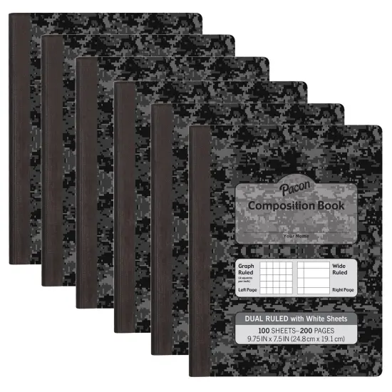 Dual Ruled Composition Book, Dark Gray Marble, 1/4" Grid & 3/8" Wide Ruled, 9-3/4" x 7-1/2", 100 Sheets, Pack of 6 {1}