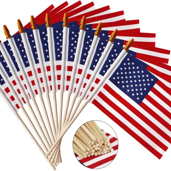 LOT of 50 - USA 4X6 in Wooden Stick Flag - July 4Th Decoration, Veteran Party, Grave Marker, Etc. - Handheld American Flag with Kid Safe Golden Spear Top (Pack of 50) Us - 12 Pack {3}