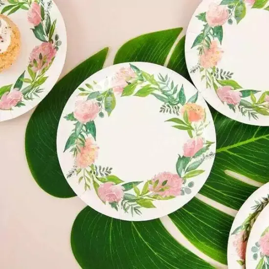 25 White 7" Round Paper Plates with Flower Wreath Design {4}