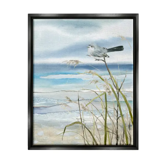 Stupell Industries Bird & Abstract Beach Framed Floater Canvas Wall Art Black Floater Frame {7}