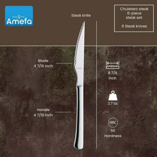 Amefa Chuletero Steak Knives, Set of 6 Micro Serrated Edge 4 Inch Blade {5}