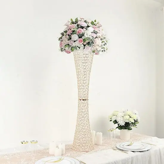 36" Gold Metal Crystal Beads Hurricane Flower Vase Centerpiece {3}