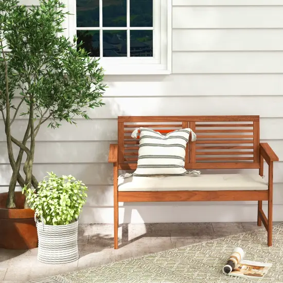 Solid Wood Patio Loveseat with Off White Cushions Outdoor 2-Seat Bench for Porch or Garden {2}