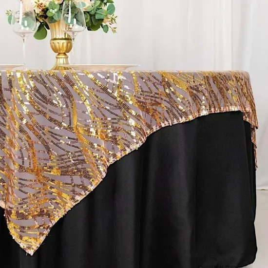 72" x 72" ROSE GOLD Tulle Square Table Overlay Wavy Embroidered Sequins {2}