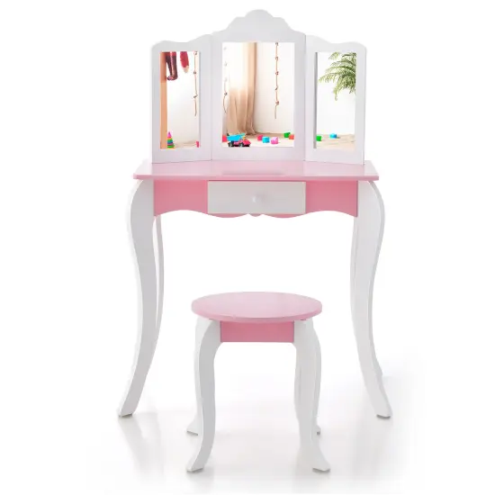 Kid's Wooden Vanity Table And Stool SetWith 3-panel Acrylic Mirror-White {4}