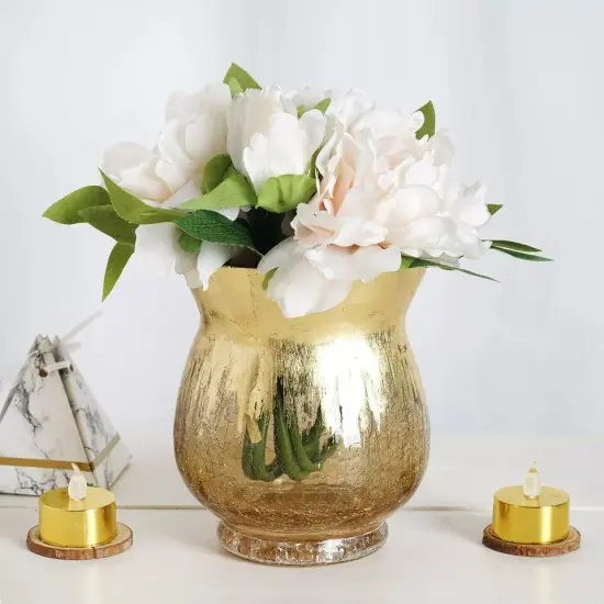 4 GOLD 6" tall Crackle Glass Candle Holders Vases {1}