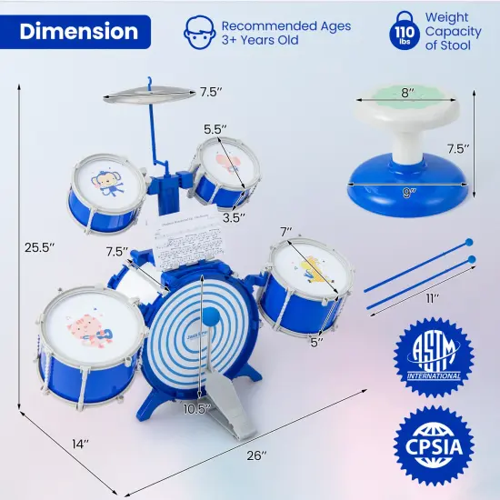 Kids Drum Set Educational Percussion Musical Instrument Toy With Bass Drum-blue {5}