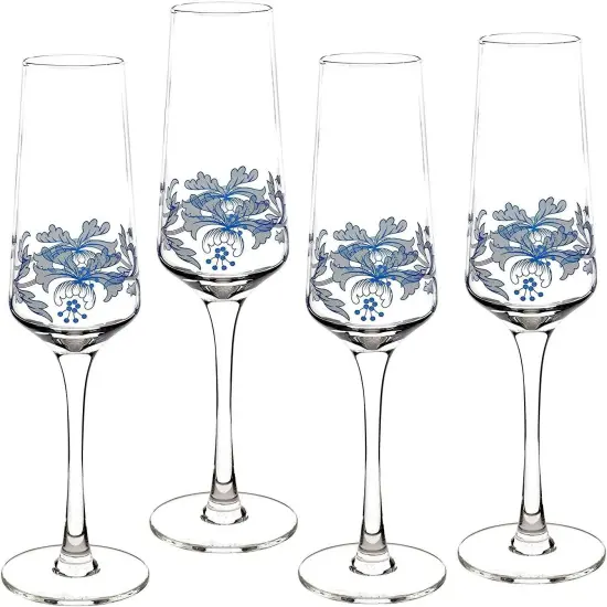 Spode Blue Italian Glass Champagne Flutes, Iconic Design, 8 oz, 4 Set Blue White {1}