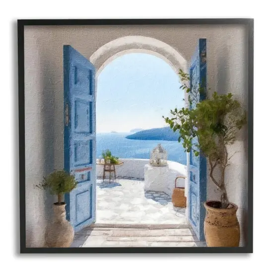 Stupell Industries Blue Greek Door Scenery Framed Giclee Art Black Frame {1}