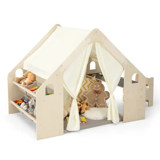 6-in-1 Kids Play Tent Playhouse With Blackboard 6 Storage Bins And Floor Cushion-beige {3}