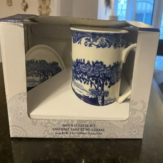 Spode Blue Italian Mug & Coaster Set 12 Oz, Large Handle, Made of Fine Porcelain {3}