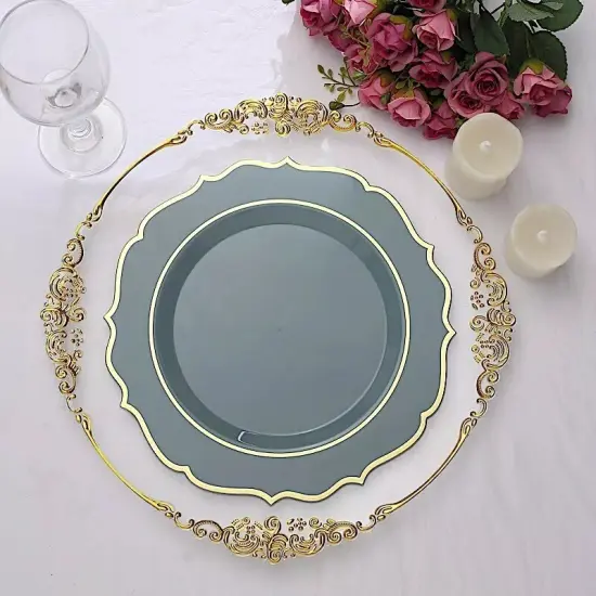 20 DUSTY BLUE 10.5" Round Plastic Dinner Plates GOLD Scalloped Rim {4}