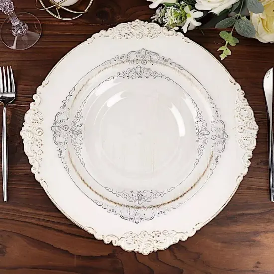 10 CLEAR SILVER 10" Round Plastic Salad Dinner PLATES Embossed Baroque Rim {2}