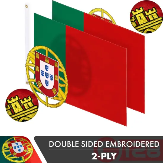 G128 Portugal (Portuguese) Flag | 3x5 feet | Double Sided Embroidered 210D Indoor/Outdoor, Brass Grommets, Heavy Duty Polyester {2}