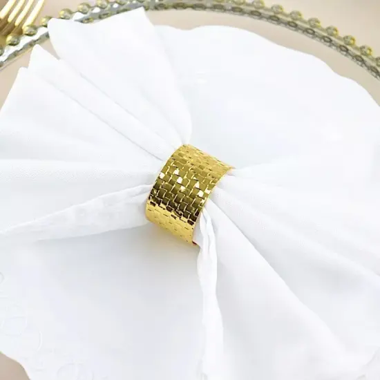 4 Round Basket Weave Design Metal Napkin Rings Gold {2}