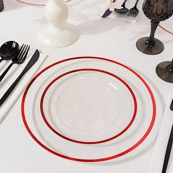 CLEAR 10 Round 7" Plastic SALAD PLATES Red Rim {2}