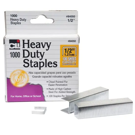 Heavy Duty Staples, 1/2 Inch Leg Length, Carbon Steel, Silver, 1000 Per Pack, 6 Packs {2}