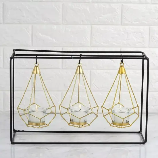 Gold Black 10" tall Iron Stand with 3 Geometric Metal Tealight Holders {2}