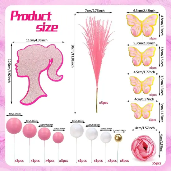 Barbie Style Vintage Pink Girl Cake Toppers 44pc Balls, Boho Reed Grass, Flowers, and Butterfly Cake Decoration Kit {6}