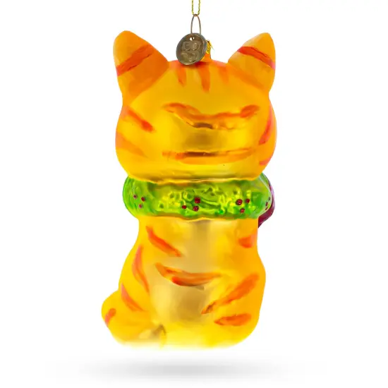 Orange Tabby Cat with Scarf Glass Christmas Ornament {4}