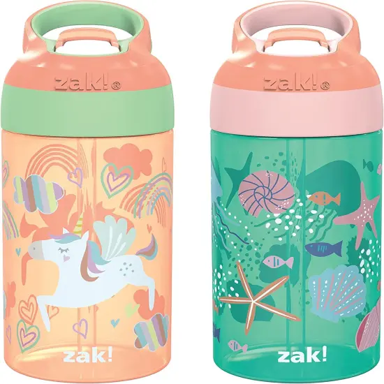 16Oz Riverside Beach Life Kids Water Bottle with Straw and Built in Carrying Loop Made of Durable Plastic, Leak-Proof Design for Travel, 2PK Set UnicornShells {1}