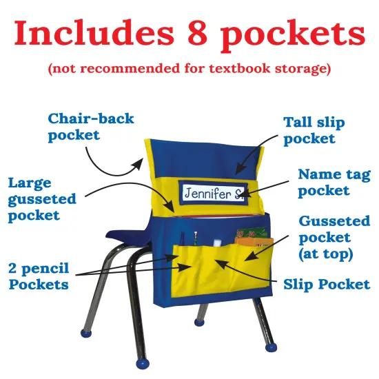 Carson Dellosa 6-Pack Yellow & Blue Chairback Buddy Pocket Chart Set, 15" x 19" Back of Chair School Supplies Pocket Organizer With Name Tag and 6 Chair Pockets for Classrooms, Classroom Organization {4}