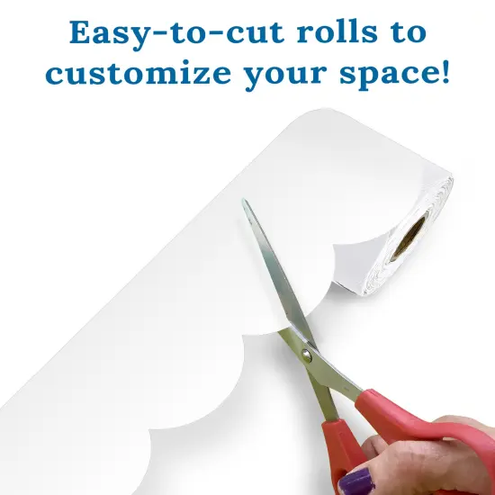 Carson Dellosa 65Ft of White Bulletin Board Borders, 1 Roll of Scalloped Trim for Rolling Whiteboard, Cork and Posterboard, Party, Office Decorations, and Classroom Decor {4}