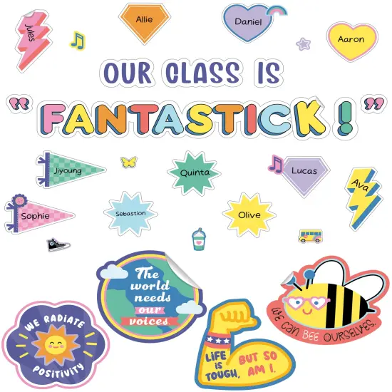 Carson Dellosa We Stick Together Our Class is Fantastic 79 pc Bundle Bulletin Board Set, Retro Pennants and Heart Cutouts, Positive Affirmations, and More Groovy Classroom Decor {1}