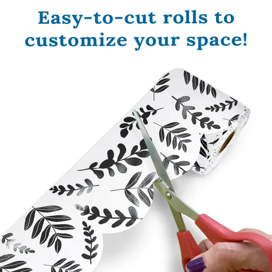 Carson Dellosa Farmhouse 65Ft of Black and White Bulletin Board Borders, 1 Roll of Scalloped Trim With Eucalyptus Leaves for Rolling Whiteboard, Cork and Posterboard, and Classroom Decor {4}