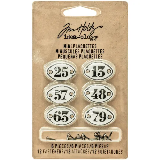 Idea-Ology Metal Number Plaquettes W/Brads 6/Pkg-White W/Black Numbers .5"X.75" {1}