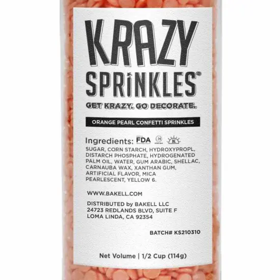 Krazy Sprinkles - Orange Pearl Confetti (1/2 Cup, 1x Jar) for Cakes, Ice Cream & Cookies {4}