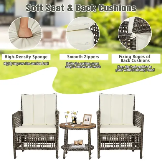 Costway Patiojoy 3PCS Patio Rattan Furniture Set Cushioned Sofas Wood Table Top W/Shelf {6}