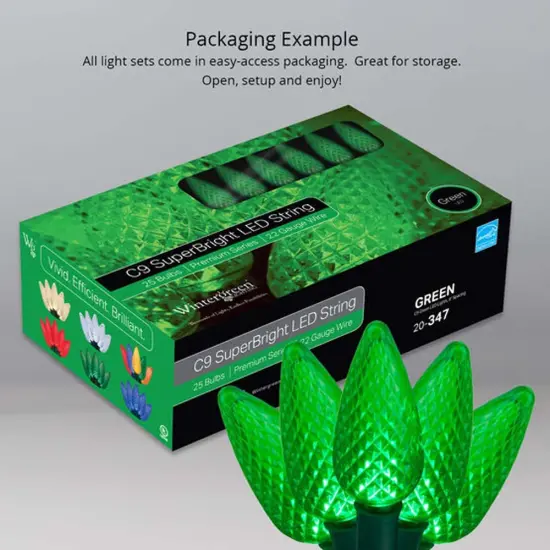 25 Green C9 LED Christmas Lights, Green Wire, 8" Spacing {6}