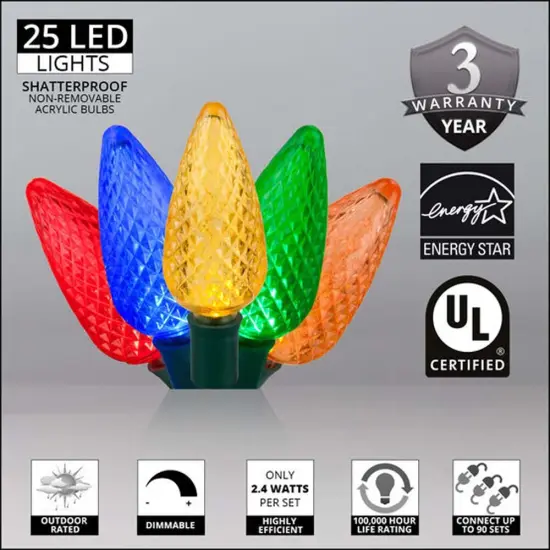 25 Multicolor C9 LED Christmas Lights, Green Wire, 8" Spacing Multi-Color {3}